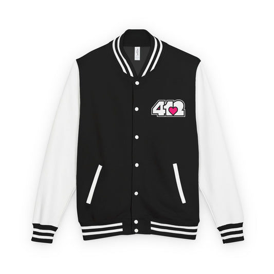 412 Embroidered Letterman Jacket - Pink Heart, White Logo