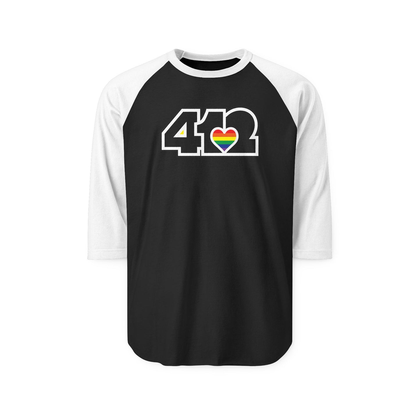 412 Raglan Baseball Tee - Rainbow Heart, Black Logo