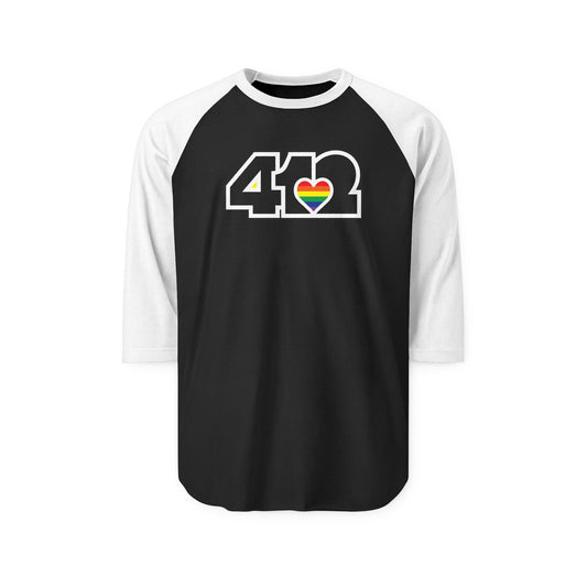 412 Raglan Baseball Tee - Rainbow Heart, Black Logo