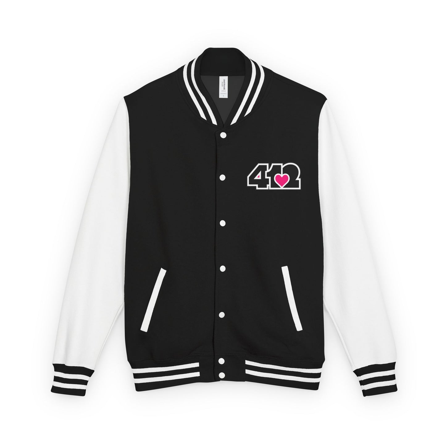 412 Embroidered Letterman Jacket - Pink Heart, Black Logo