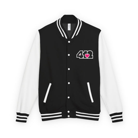 412 Embroidered Letterman Jacket - Pink Heart, Black Logo