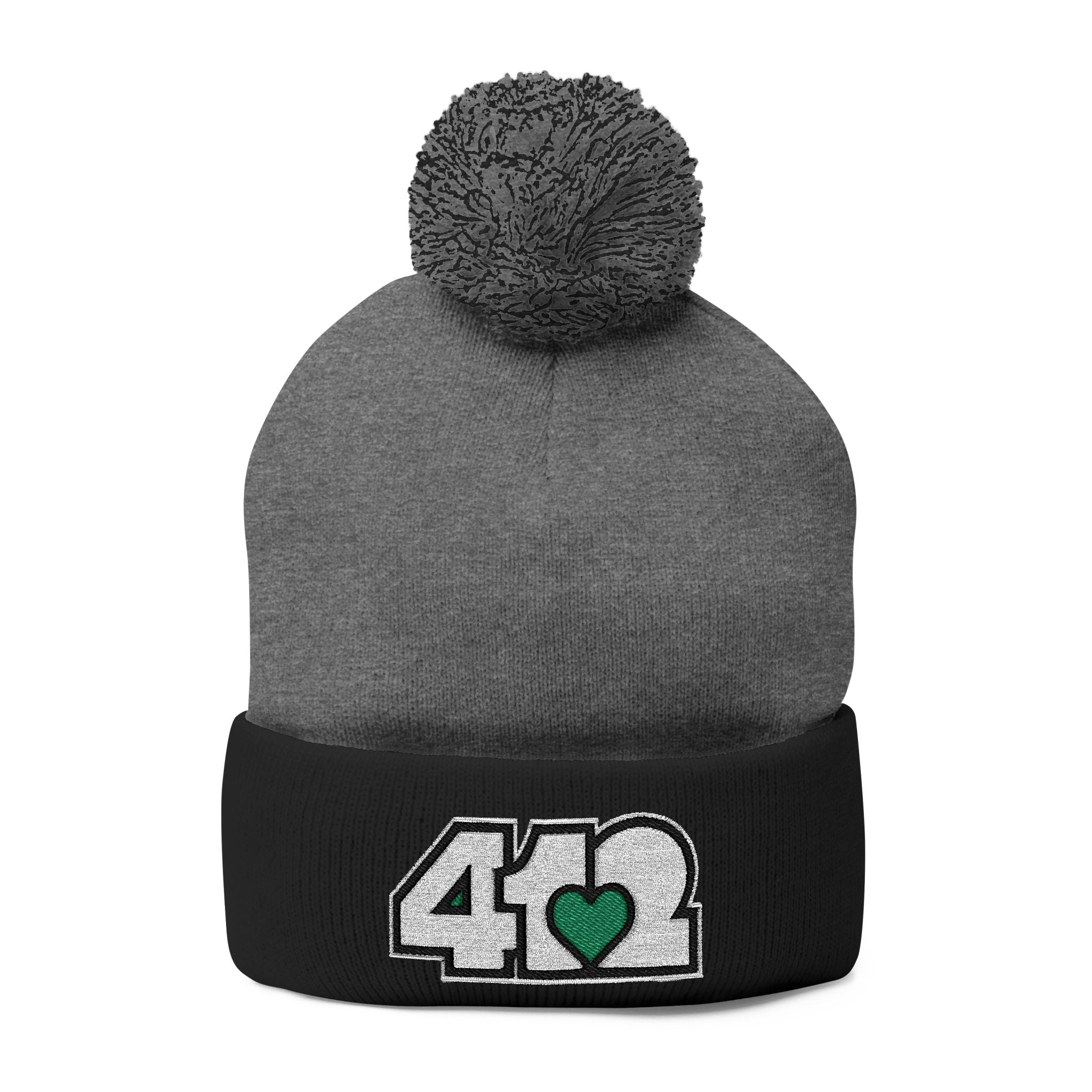 Pittsburgh 412 White Green Heart Embroidered Pom Beanie