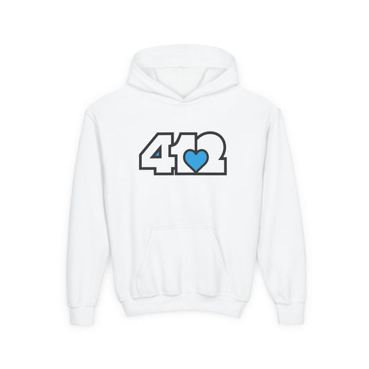 412 Classic Fit Youth Hoodie - Blue Heart, White Logo