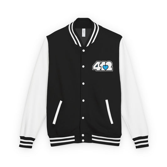 412 Embroidered Letterman Jacket - Blue Heart, White Logo
