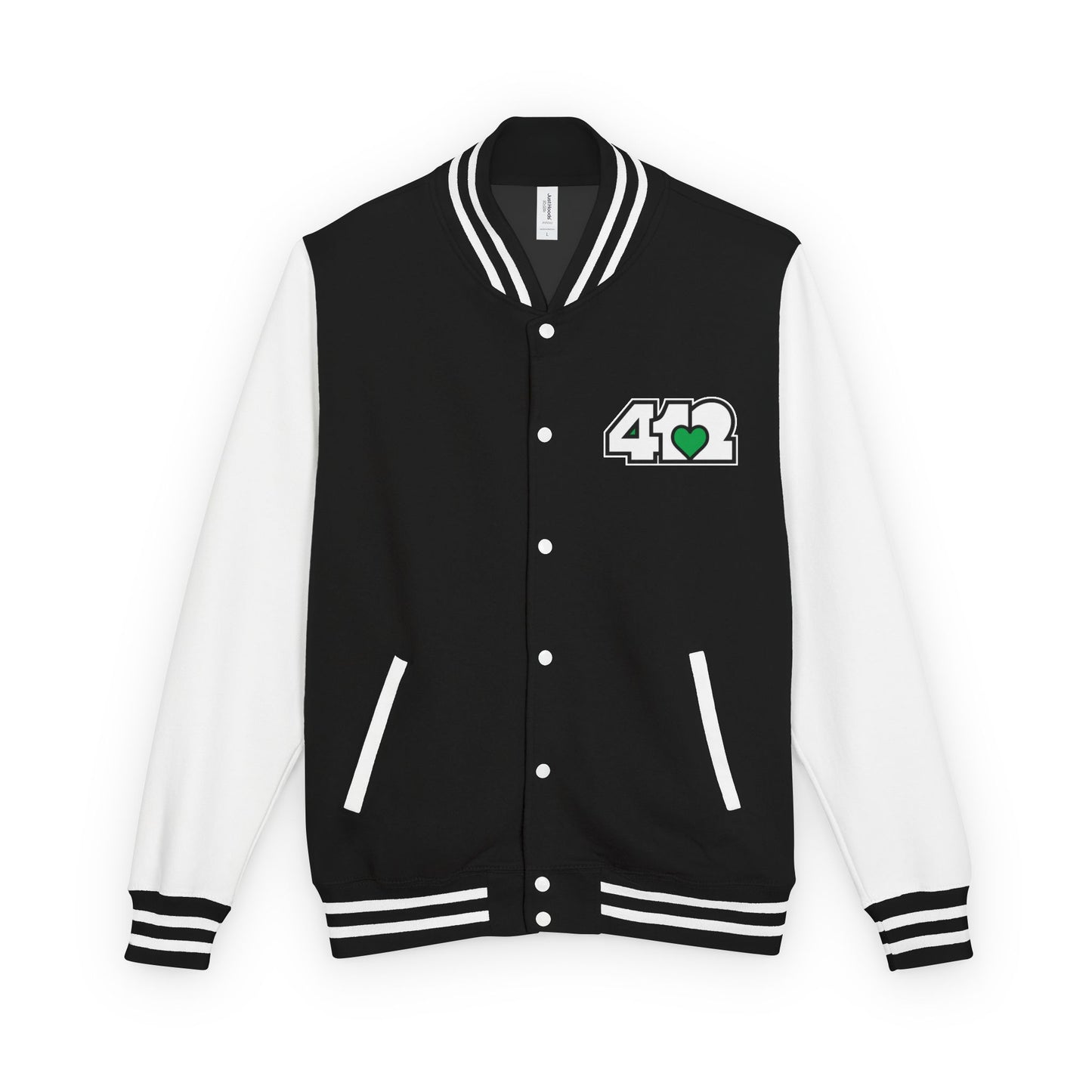412 Embroidered Letterman Jacket - Green Heart, White Logo