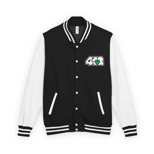 412 Embroidered Letterman Jacket - Green Heart, White Logo