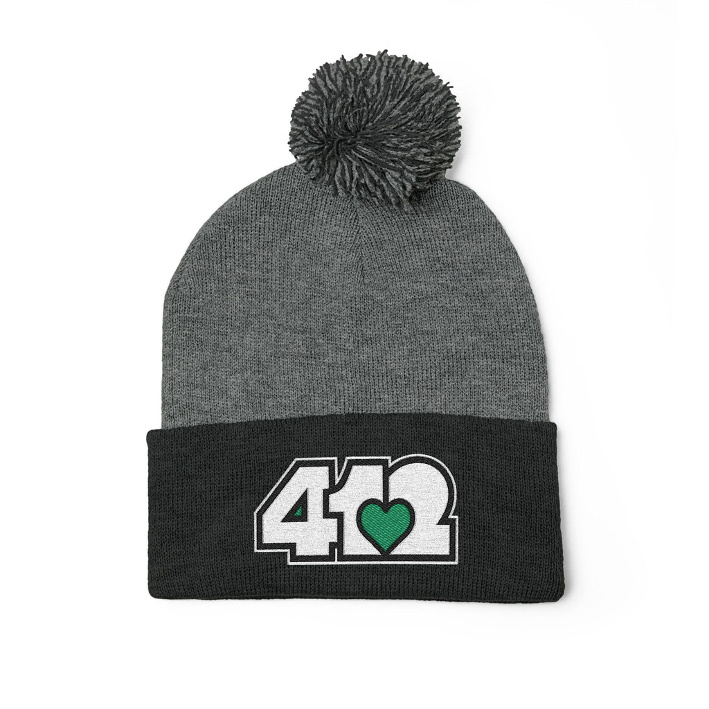 Pittsburgh 412 White Green Heart Embroidered Pom Beanie