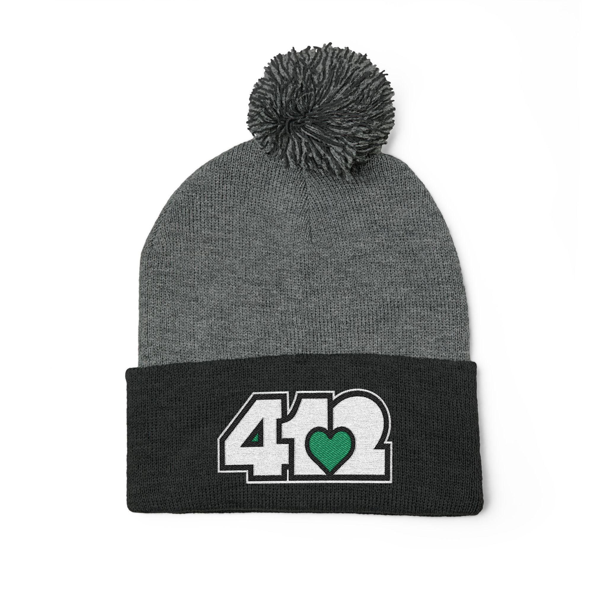 Pittsburgh 412 White Green Heart Embroidered Pom Beanie