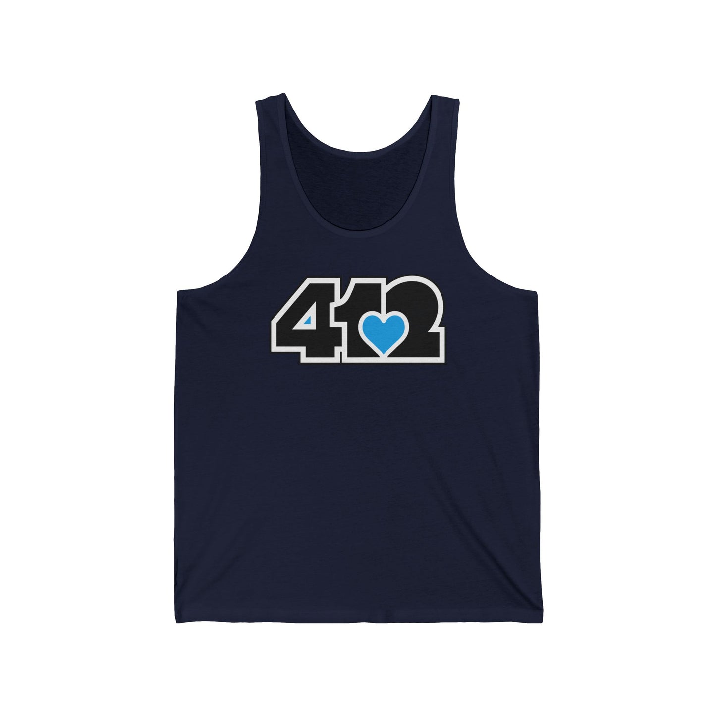 412 Unisex Jersey Tank - Blue Heart, Black Logo