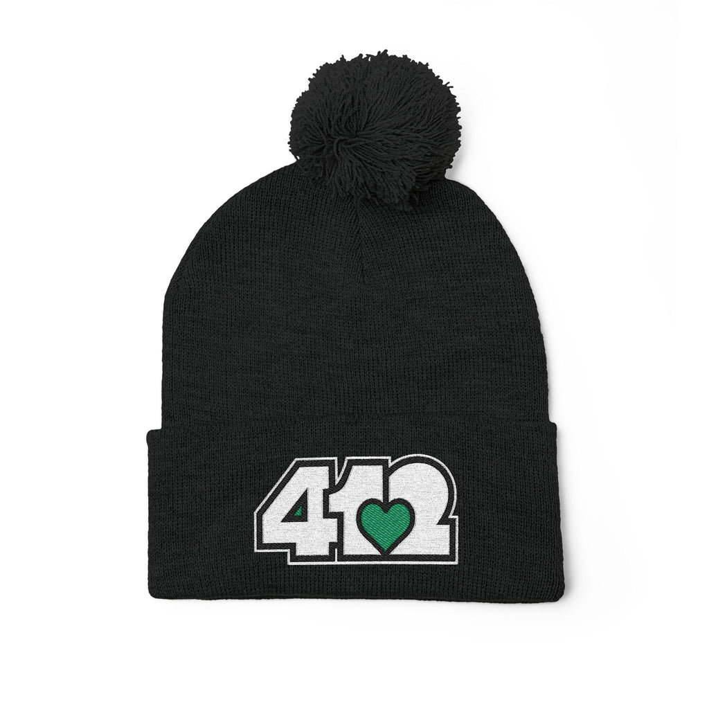 Pittsburgh 412 White Green Heart Embroidered Pom Beanie