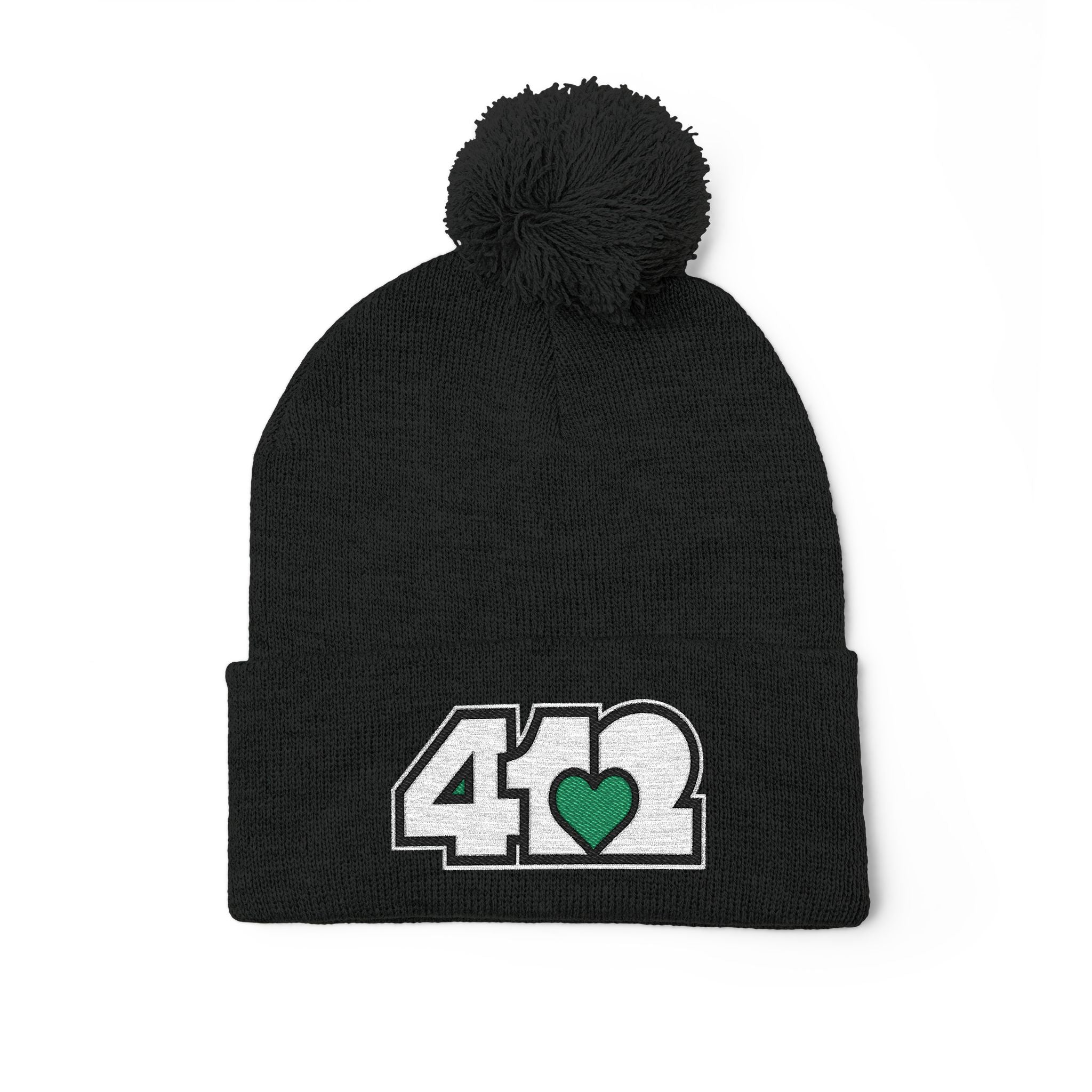 Pittsburgh 412 White Green Heart Embroidered Pom Beanie