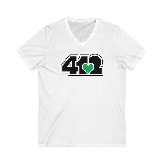 412 Women's V-Neck - Green Heart, Black Logo