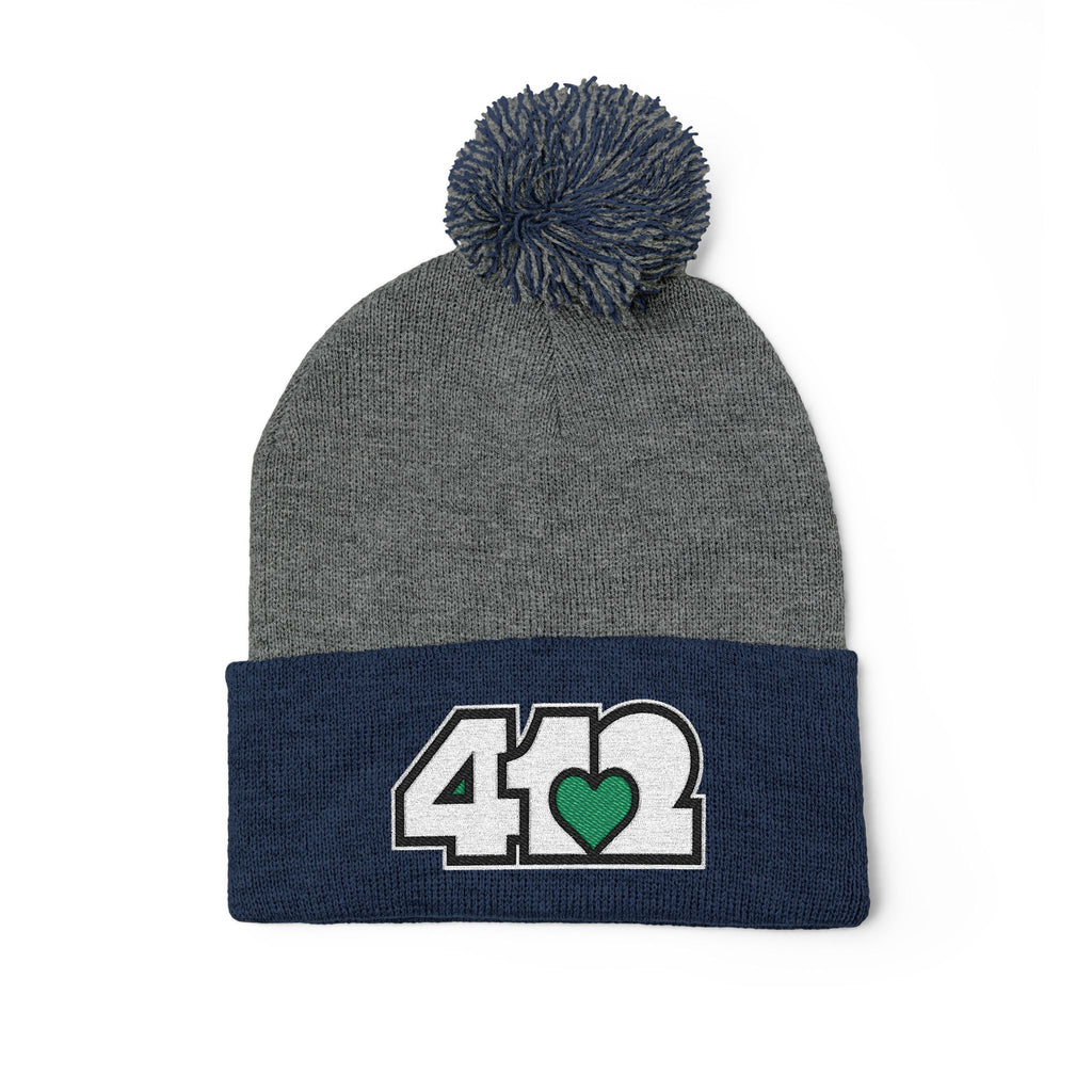 Pittsburgh 412 White Green Heart Embroidered Pom Beanie