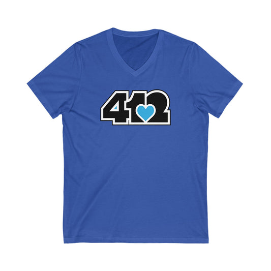 412 Women's V-Neck - Blue Heart, Black Logo