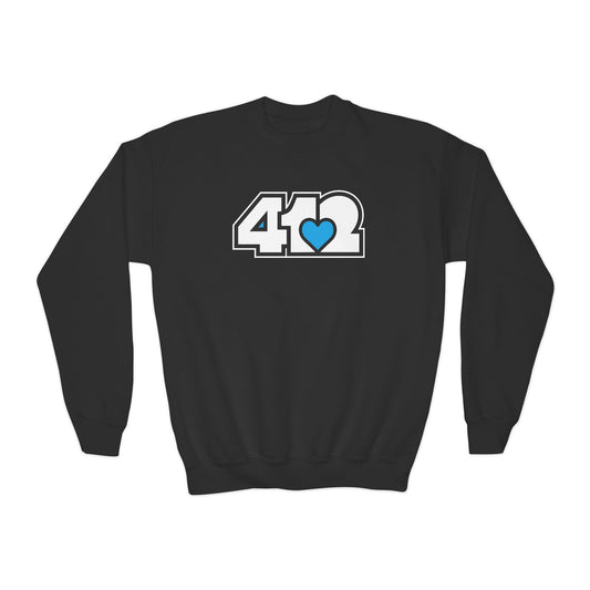 412 Crew Neck Youth Sweatshirt - Blue Heart, White Logo