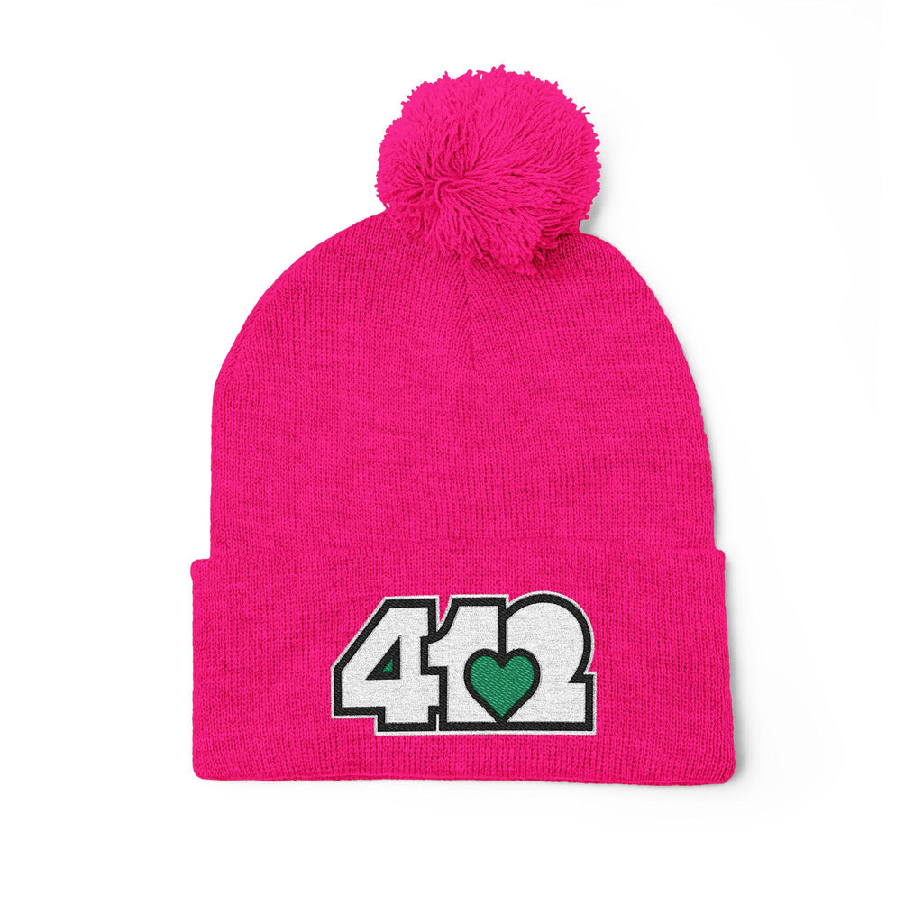 Pittsburgh 412 White Green Heart Embroidered Pom Beanie