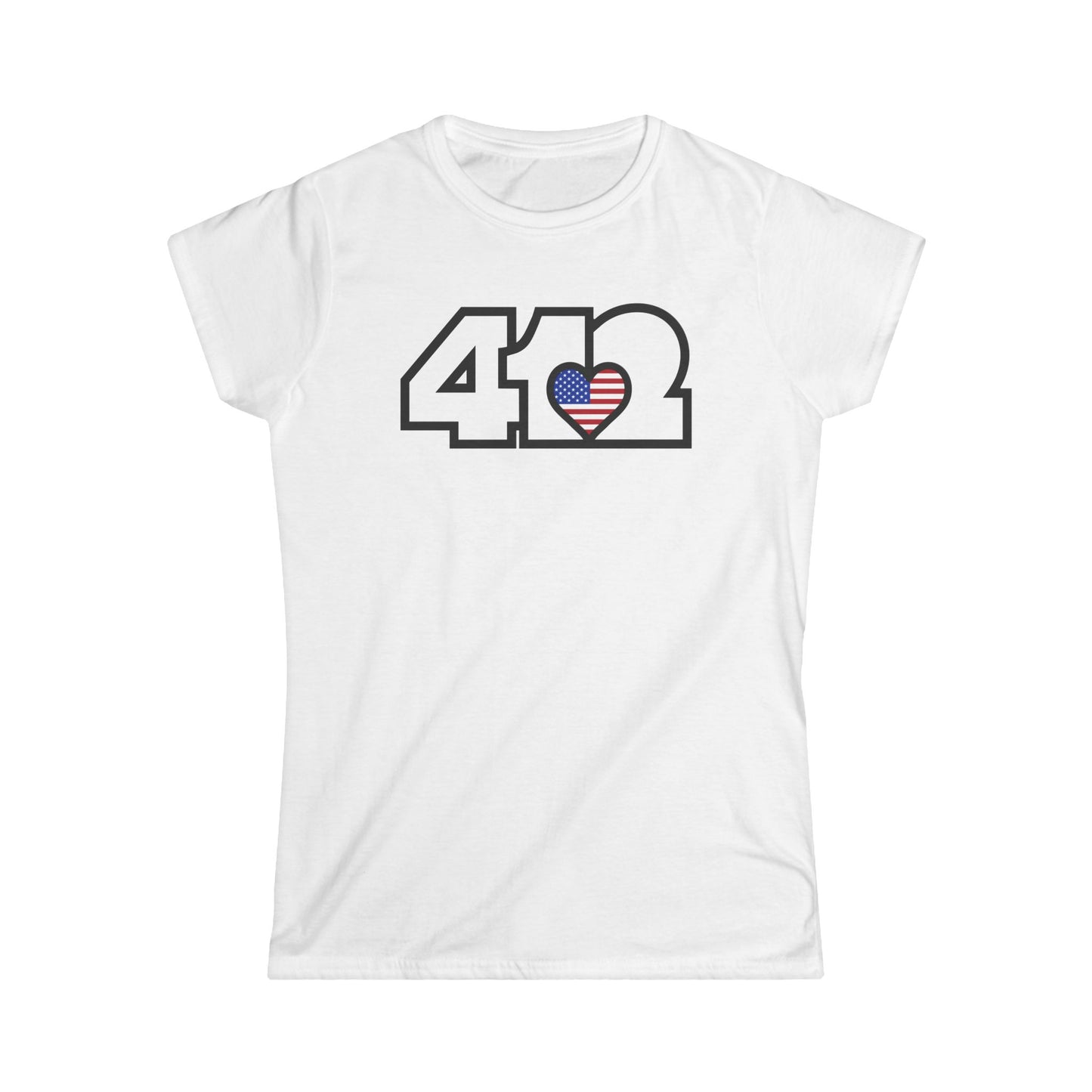 412 Women's Softstyle Tee - Stars & Stripes Heart, White Logo