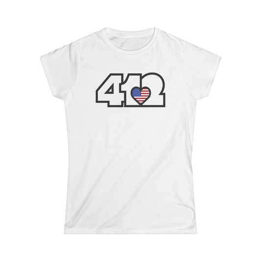 412 Women's Softstyle Tee - Stars & Stripes Heart, White Logo