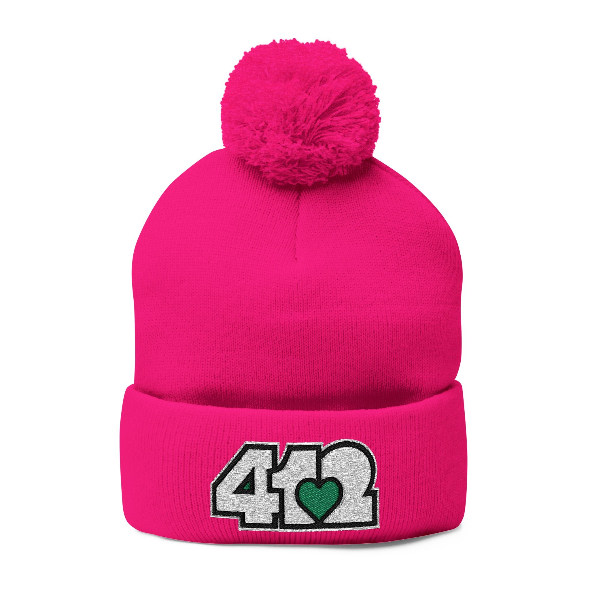 Pittsburgh 412 White Green Heart Embroidered Pom Beanie