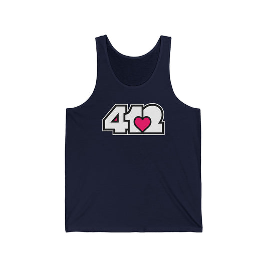412 Unisex Jersey Tank - Pink Heart, White Logo