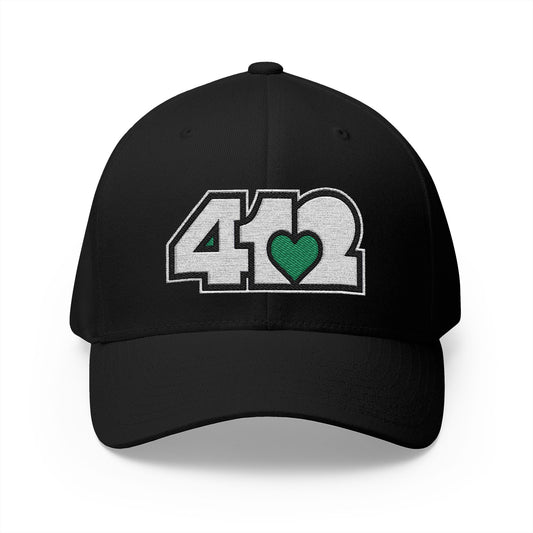 412 Stretch Fit Crown - Embroidered Green Heart, White Logo