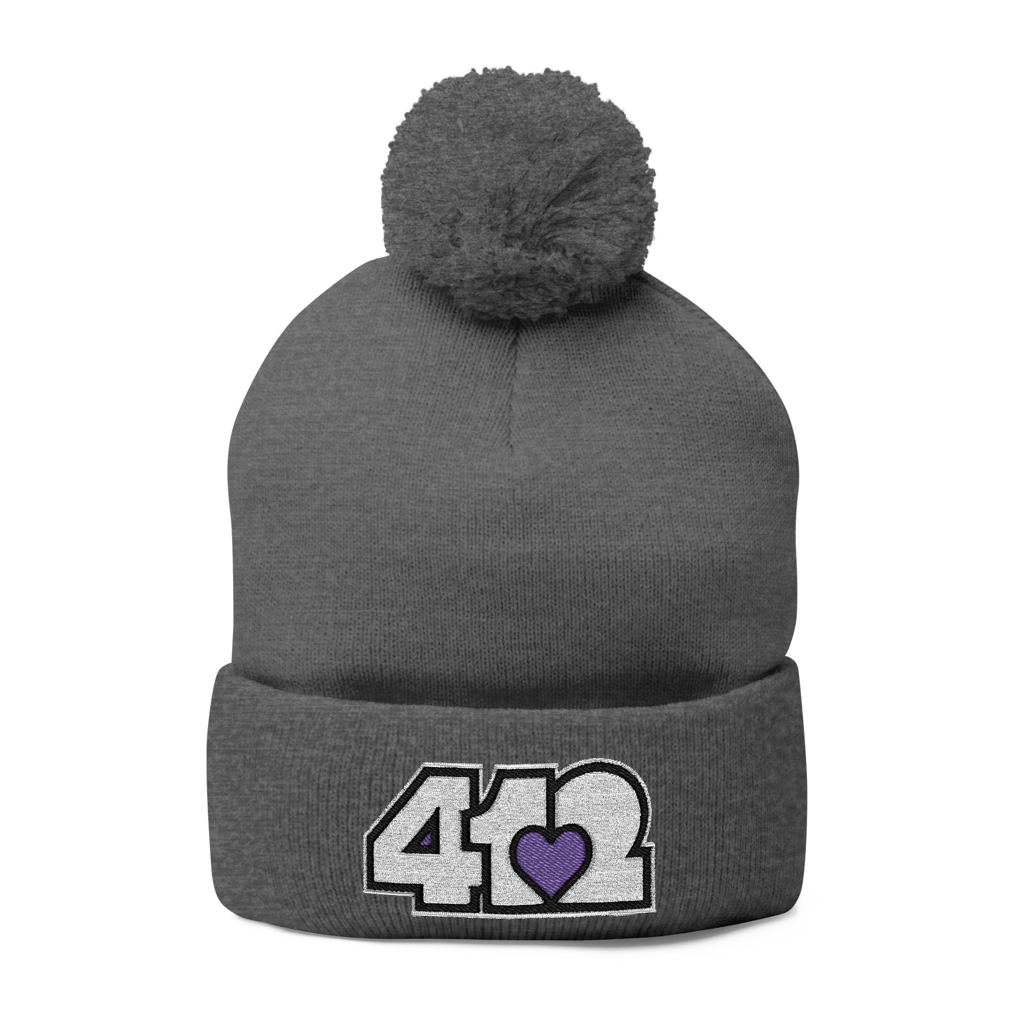 Pittsburgh 412 White Purple Heart Embroidered Pom Beanie