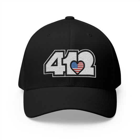 412 Stretch Fit Crown - Embroidered Stars & Stripes Heart, White Logo