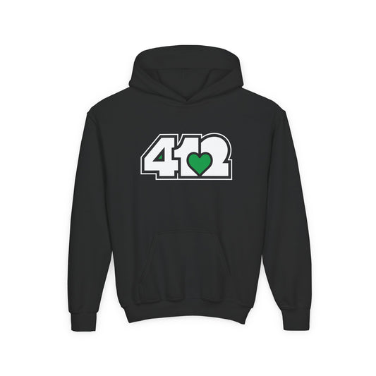 412 Classic Fit Youth Hoodie - Green Heart, White Logo