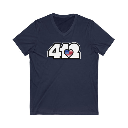 412 Women's V-Neck - Stars & Stripes Heart, White Logo