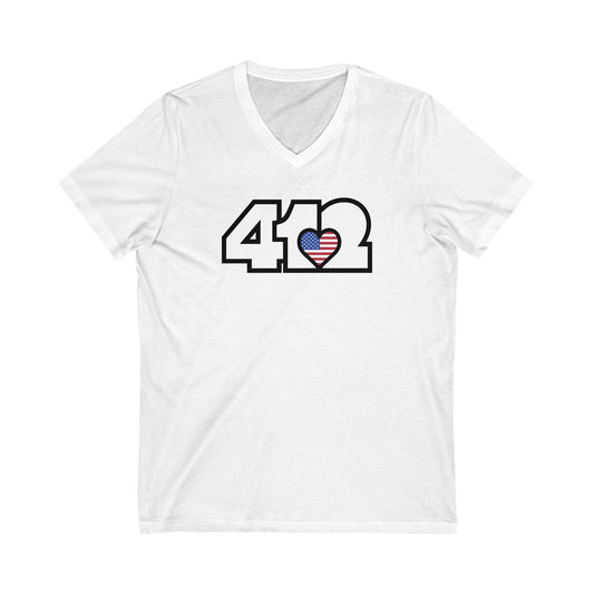 412 Women's V-Neck - Stars & Stripes Heart, White Logo