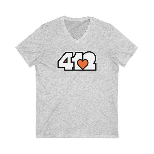 412 Women's V-Neck - Orange Heart, White Logo