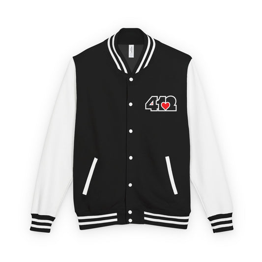 412 Embroidered Letterman Jacket - Red Heart, Black Logo