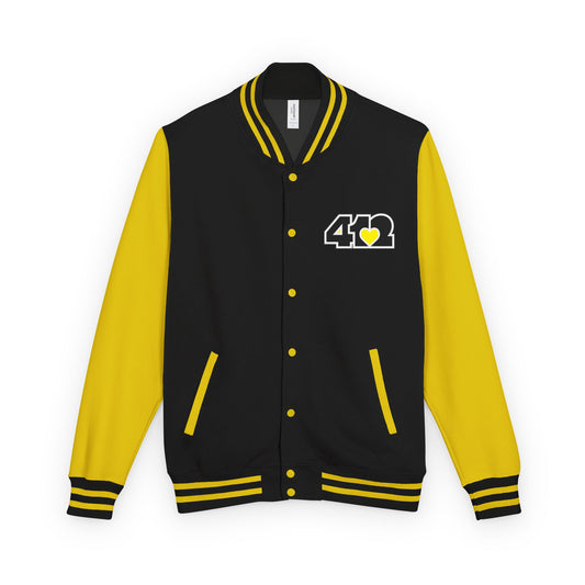 412 Embroidered Letterman Jacket - Yellow Heart, Black Logo
