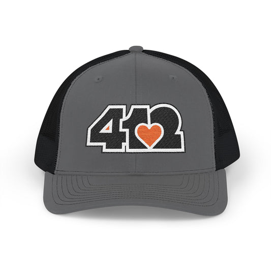 412 Snapback Crown – Embroidered Orange Heart Heart, Black Logo