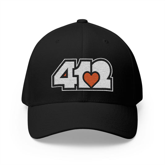 412 Stretch Fit Crown - Embroidered Orange Heart, White Logo