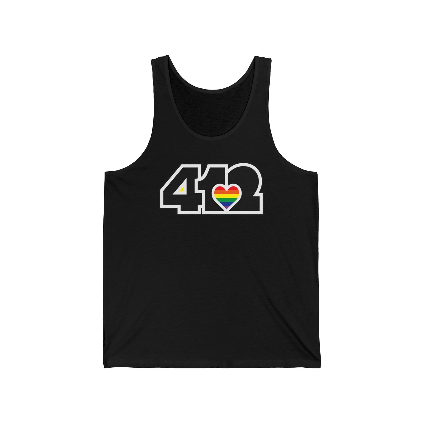 412 Unisex Jersey Tank - Rainbow Heart, Black Logo