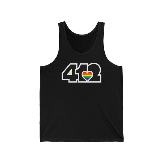 412 Unisex Jersey Tank - Rainbow Heart, Black Logo