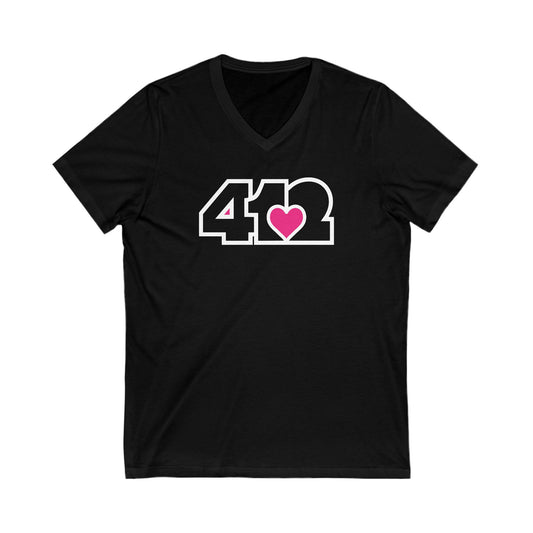 412 Women's V-Neck - Pink Heart, Black Logo