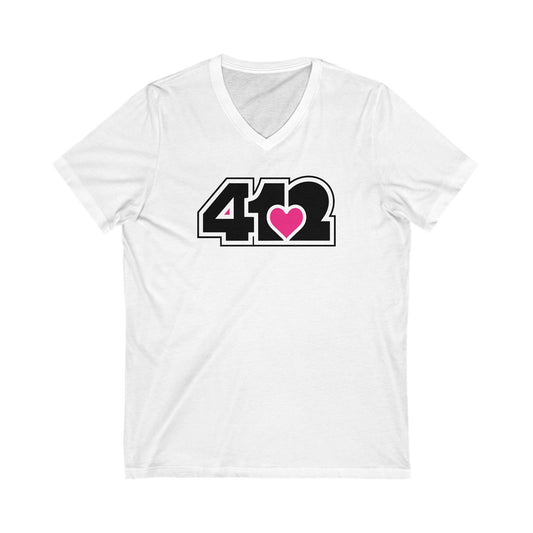 412 Women's V-Neck - Pink Heart, Black Logo