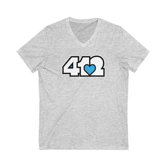 412 Women's V-Neck - Blue Heart, White Logo