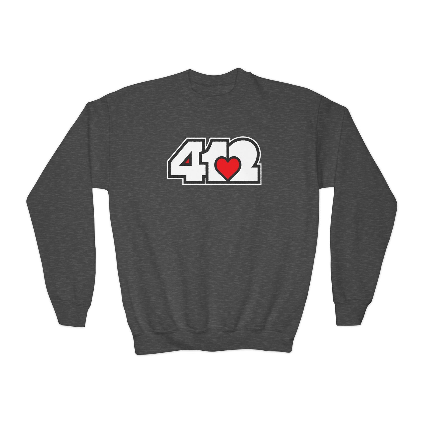412 Crew Neck Youth Sweatshirt - Red Heart, White Logo
