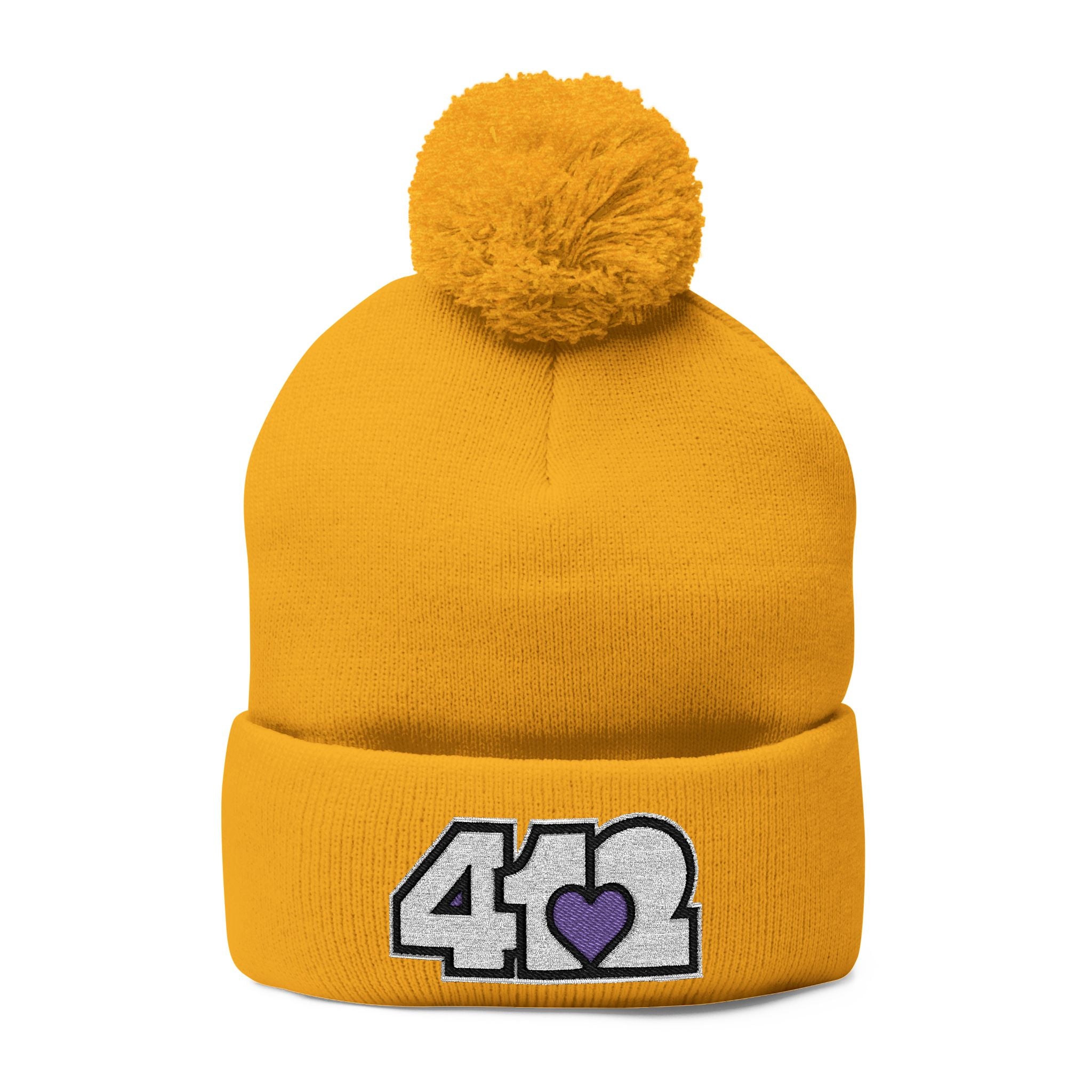 Pittsburgh 412 White Purple Heart Embroidered Pom Beanie