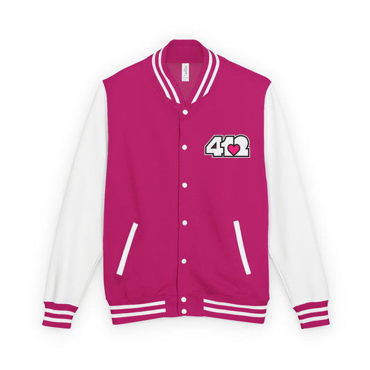 412 Embroidered Letterman Jacket - Pink Heart, White Logo