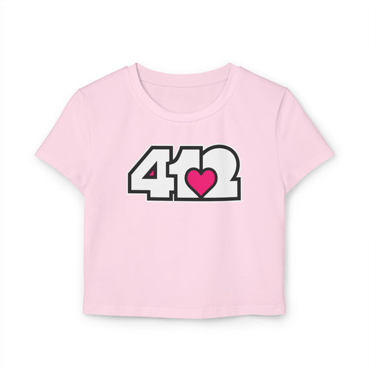 412 Women's Crop Top – Pink Heart, White Logo