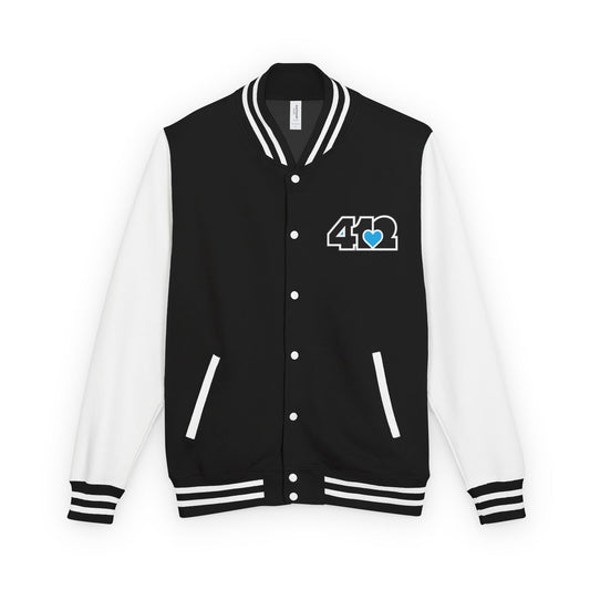 412 Embroidered Letterman Jacket - Blue Heart, Black Logo