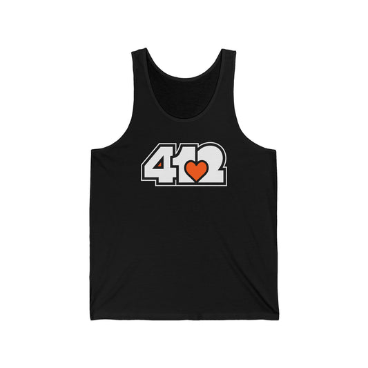 412 Unisex Jersey Tank - Orange Heart, White Logo