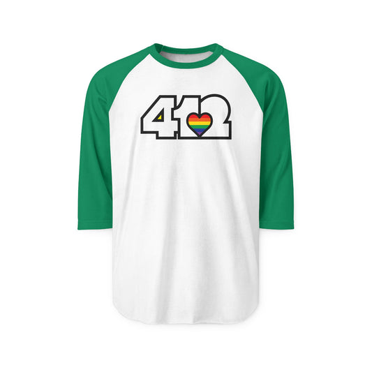 412 Raglan Baseball Tee - Rainbow Heart, White Logo