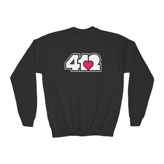 412 Crew Neck Youth Sweatshirt - Pink Heart, White Logo