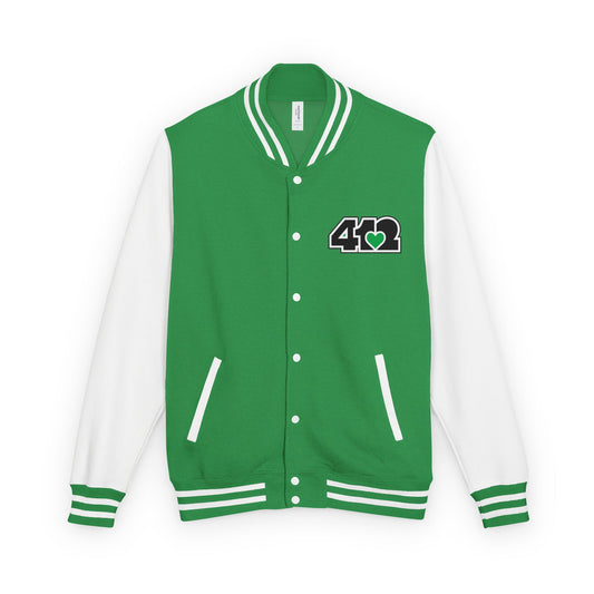 412 Embroidered Letterman Jacket - Green Heart, Black Logo