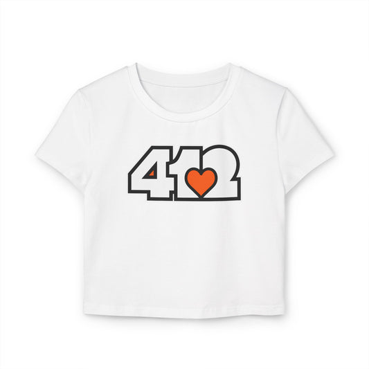 412 Women's Crop Top – Orange Heart, White Logo